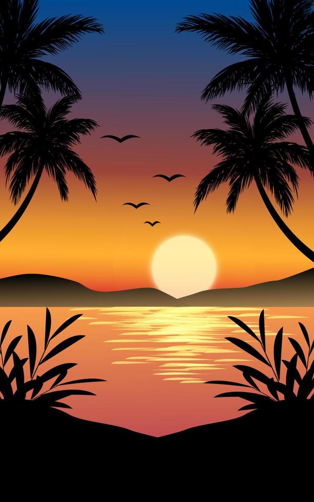Sonnenuntergangslandschaft mit Palmen in der Silhouette vektor