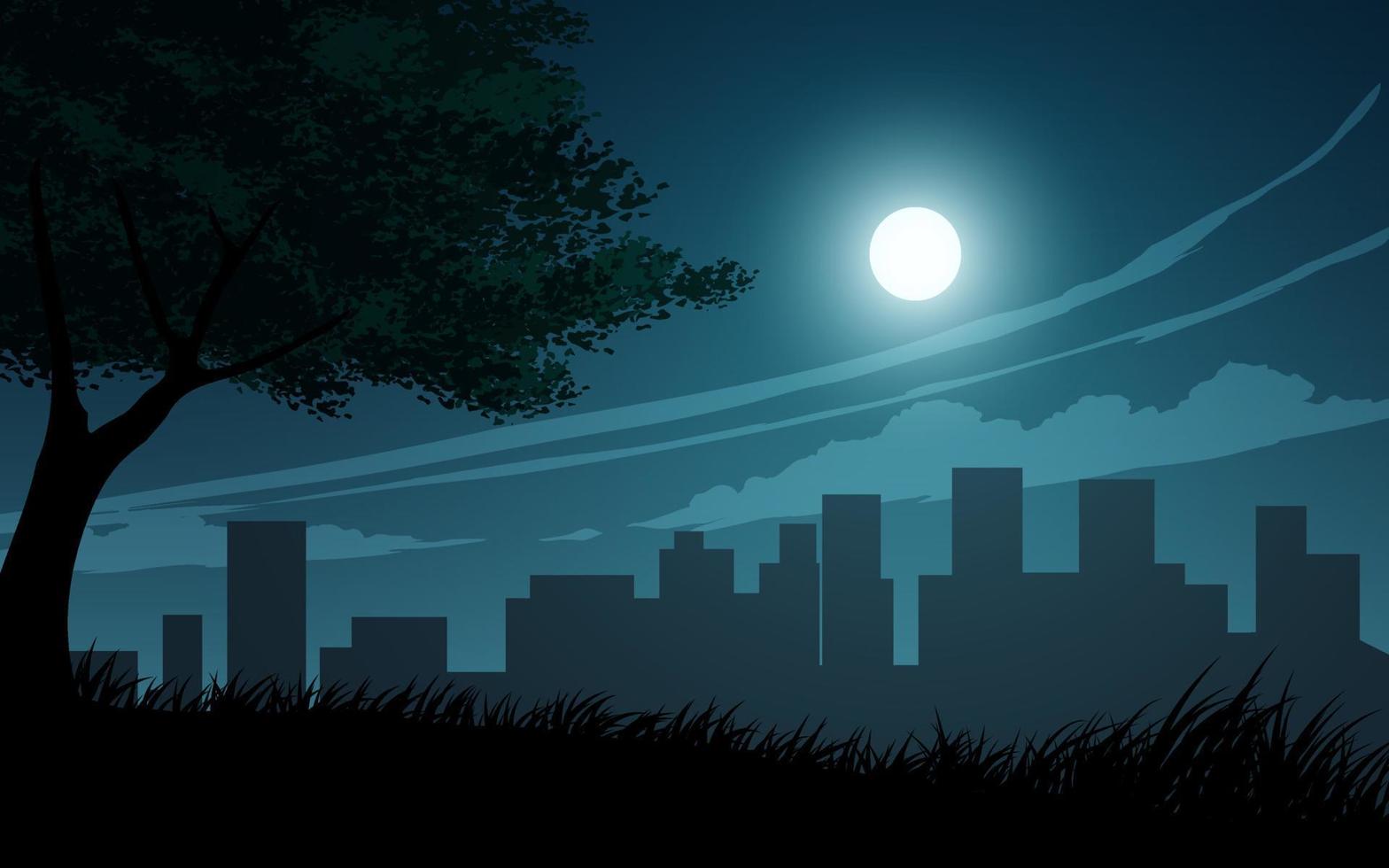 stadens nattsilhuett med träd och månsken vektor