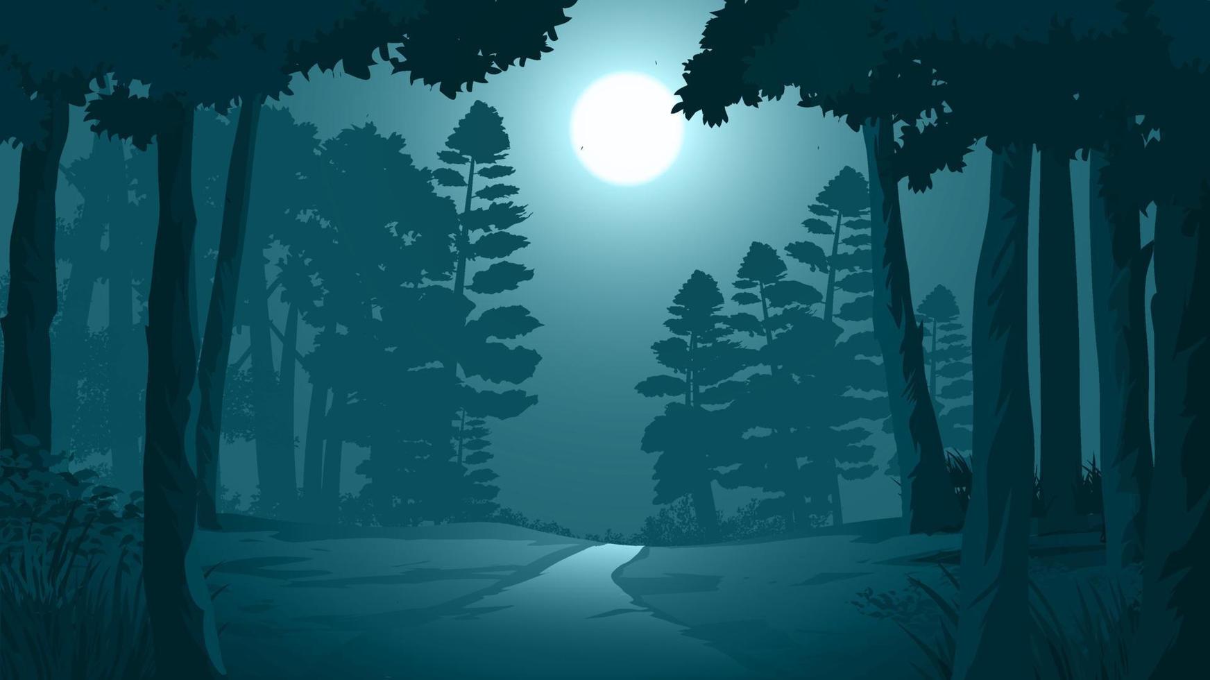 väg genom mörk skog illustration med månsken vektor