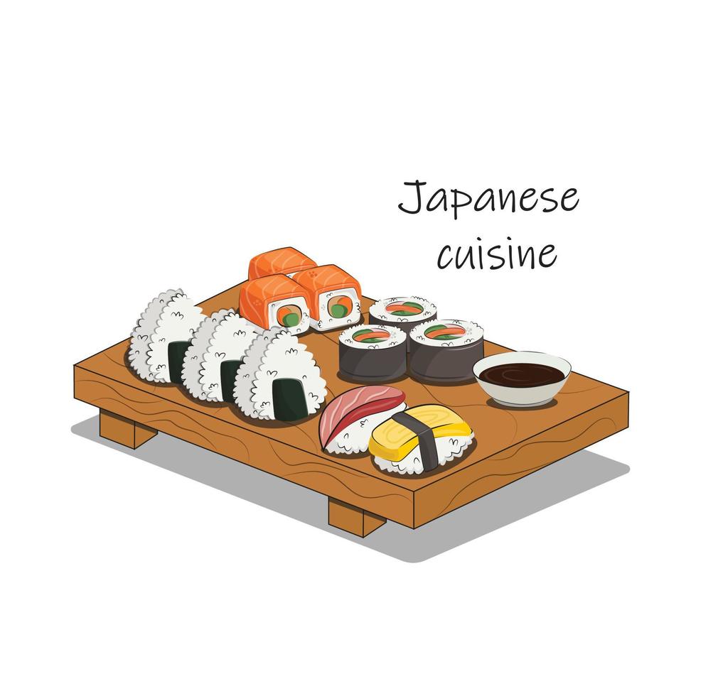 japansk mat, mat. platt vektorillustration isolerad på vit bakgrund. sushi rullar onigiri sojasås set. lagerbild. för restaurangmenyer och affischer. leveransplatser vektor