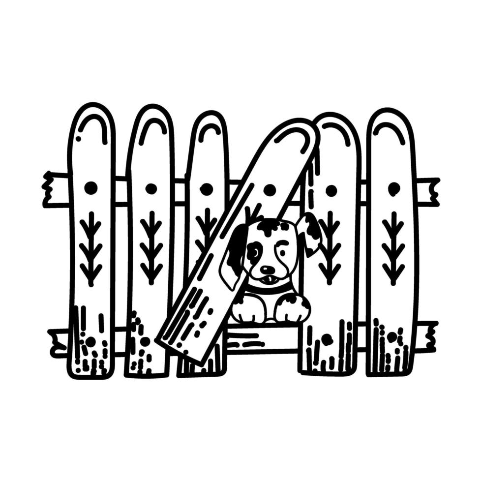 ein Zaun und ein süßer Hund, ein handgezeichnetes Element im Doodle-Stil. Zaunbretter mit Muster. Holzzaun. Hund, der zwischen den Zaunbrettern herausspäht. einfacher Vektor im linearen Stil für Logos, Symbole und Embleme