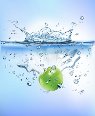Die frische Frucht, die in blaues klares Wasserspritzen spritzt, lokalisierte gesundes Lebensmitteldiät-Frischekonzept weißen Hintergrund. Realistische Vektor-Illustration. vektor