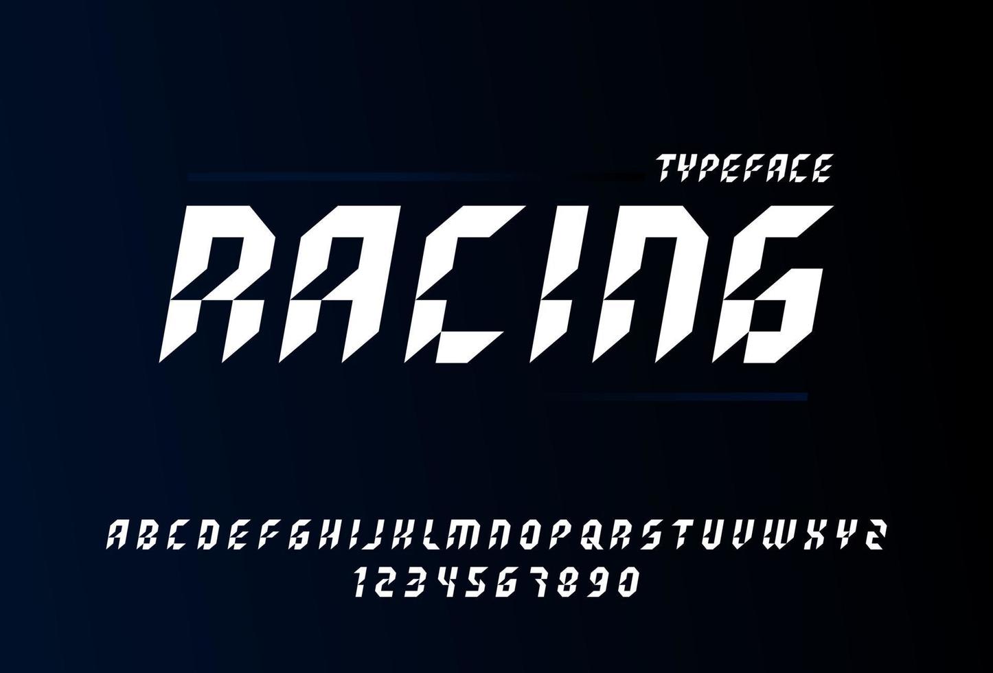 racing stil alfabetet bokstäver och siffror, vektor typografi design