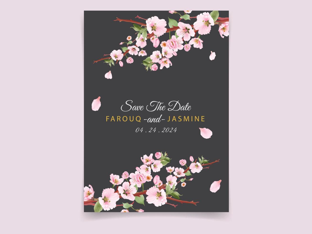 hochzeitseinladungskarte mit rosa sakura-design vektor