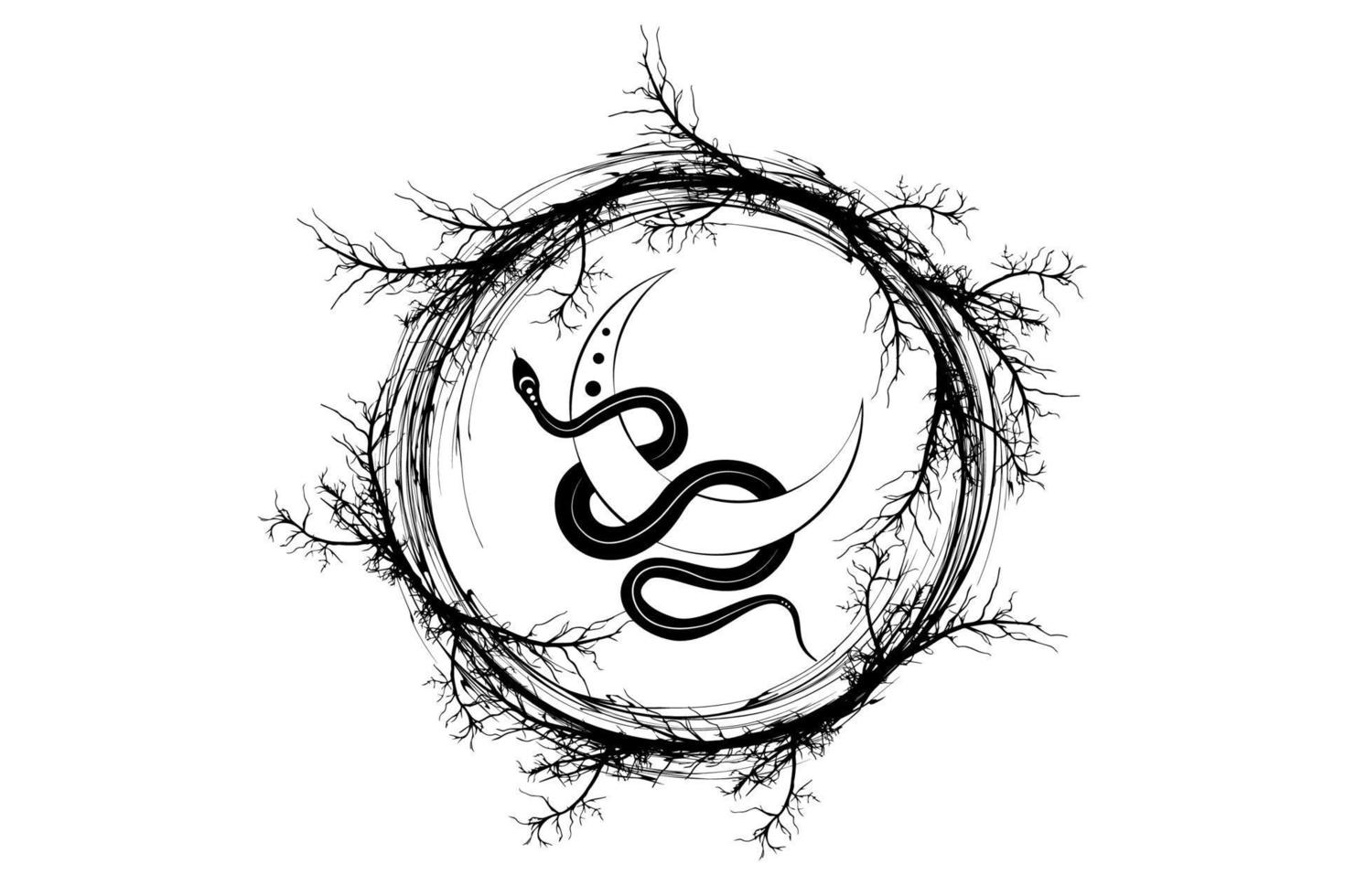svart orm på magisk mystisk halvmåne i krans av grenar. helig geometri, himmelska hedniska wiccan gudinna symbol. tecken, tatuering, energi cirkel, boho stil, vektor isolerad på vit bakgrund