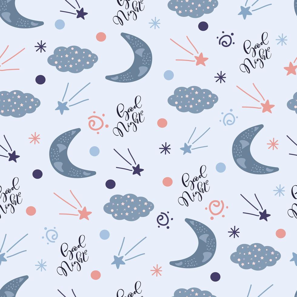 Vektornahtloses Muster mit Mond, Wolken und Sternen. Kinder-Vektor-Illustration auf blauem Hintergrund. vektor