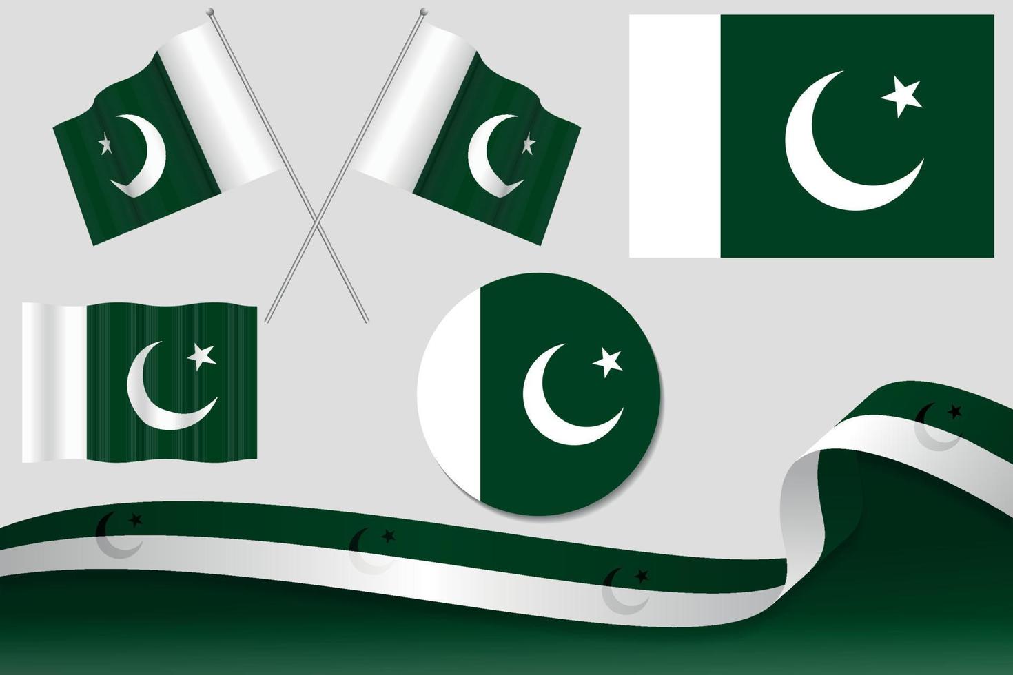 satz pakistan-flaggen in verschiedenen designs, symbol, häutende flaggen mit band mit hintergrund. vektor