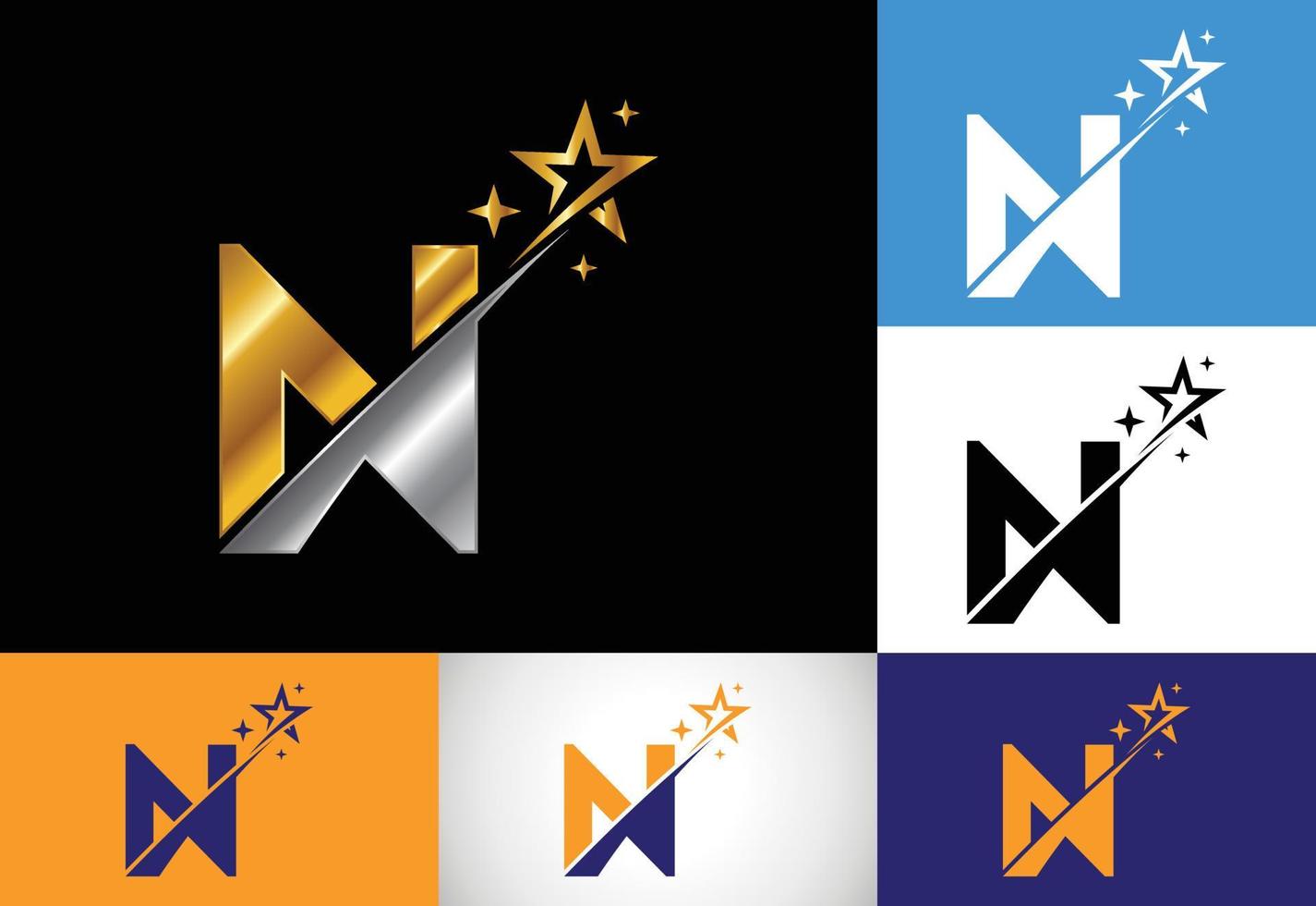 initial n monogram bokstav alfabet med swoosh och stjärna logotyp ikon. abstrakt stjärna logotyp tecken symbol design. modern vektorlogotyp för företags- och företagsidentitet. vektor