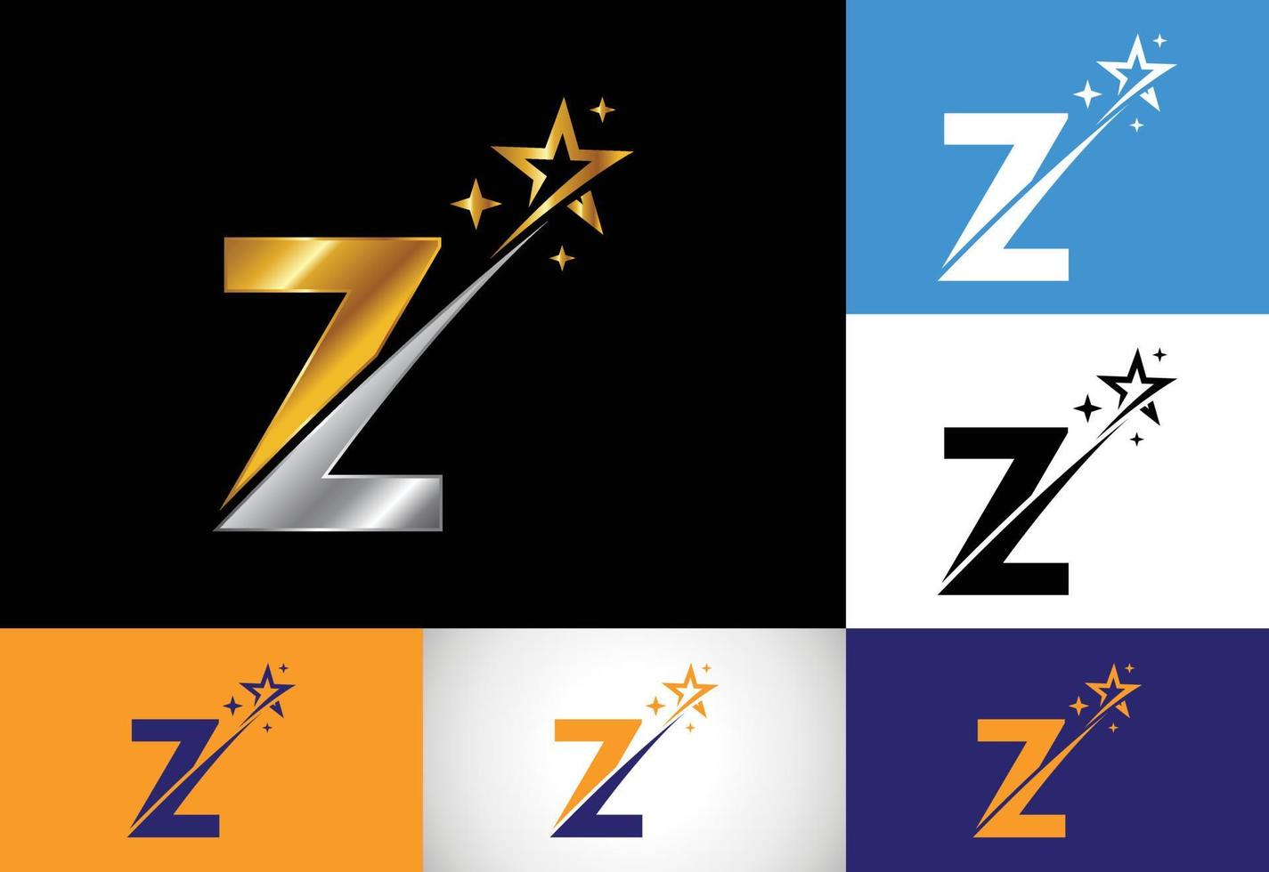 Initiales z-Monogramm-Buchstabenalphabet mit Swoosh und Stern-Logo-Symbol. abstraktes Sternlogozeichen-Symboldesign. modernes Vektorlogo für Geschäfts- und Firmenidentität. vektor