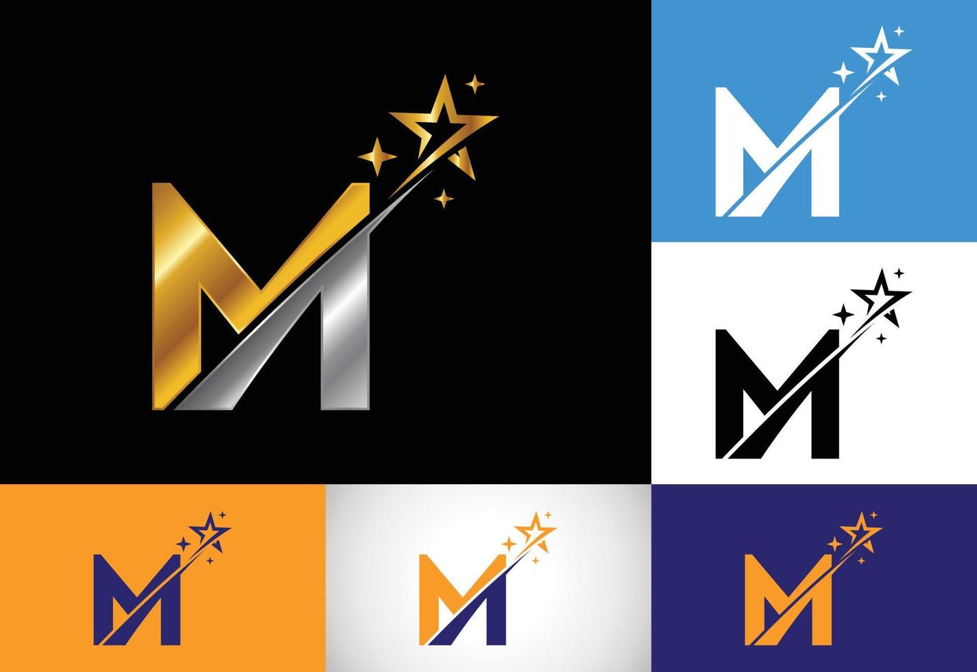 initial m monogram bokstav alfabet med swoosh och stjärna logotyp ikon. abstrakt stjärna logotyp tecken symbol design. modern vektorlogotyp för företags- och företagsidentitet. vektor