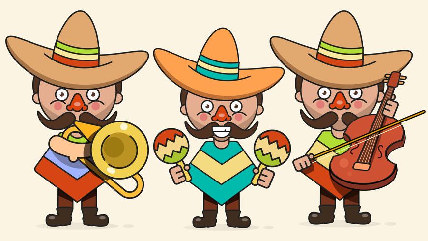 Mexikanska musiker Vektor illustration med tre män med gitarrer i inhemska kläder och Sombrero Flat Vector