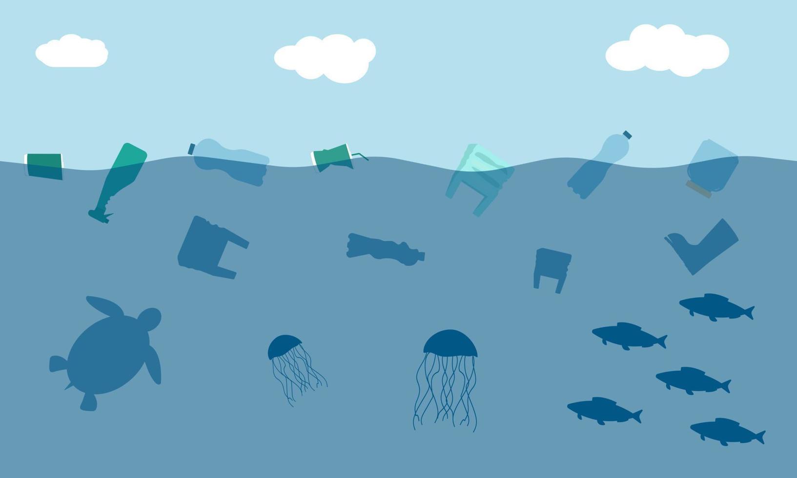 Meeresverschmutzung. Schädigung von im Wasser lebenden Lebewesen durch unsachgemäße Müllentsorgung. Konzept. Vektor-Illustration vektor