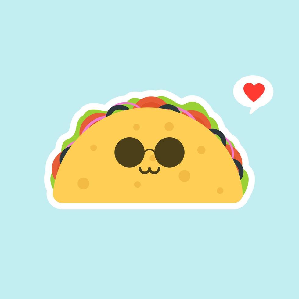 vektorillustration med mexikansk tacos kawaii mat. tortillan ska till tacos. söt tecknad illustration isolerad på färgbakgrund. vektor