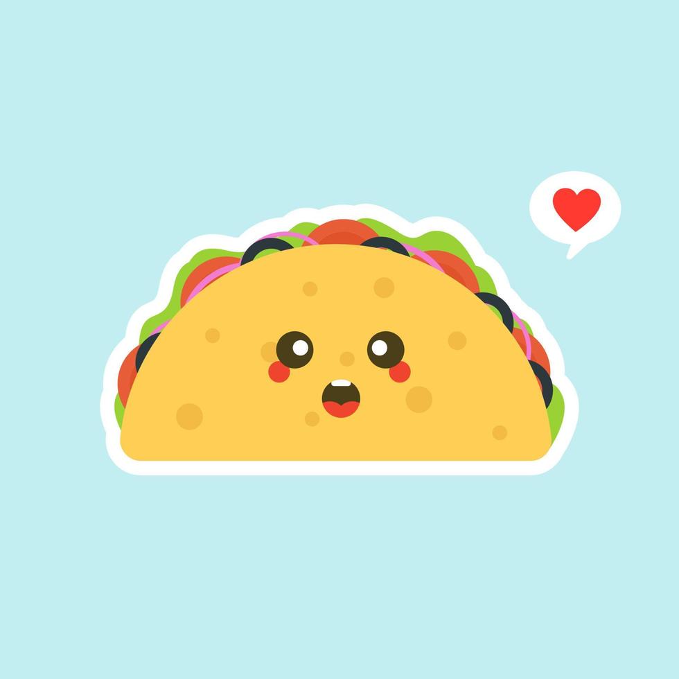 vektorillustration mit mexikanischen tacos kawaii essen. Die Tortilla geht zu Tacos. niedliche karikaturillustration lokalisiert auf farbigem hintergrund. vektor