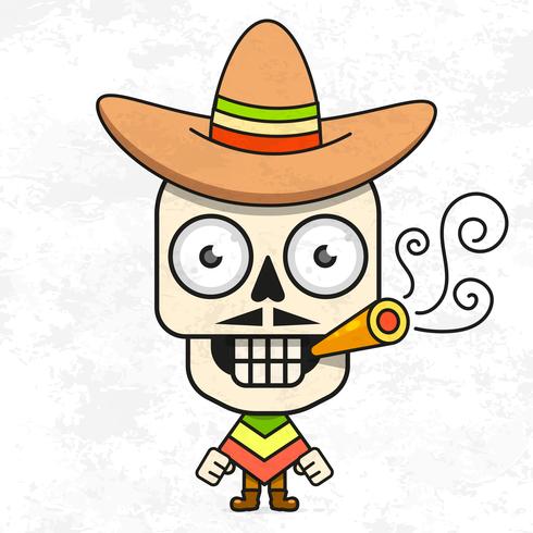 Tecknad mexikanska sockerskalle vektor illustration för Dia De Los Muertos. Gullig manlig skalle