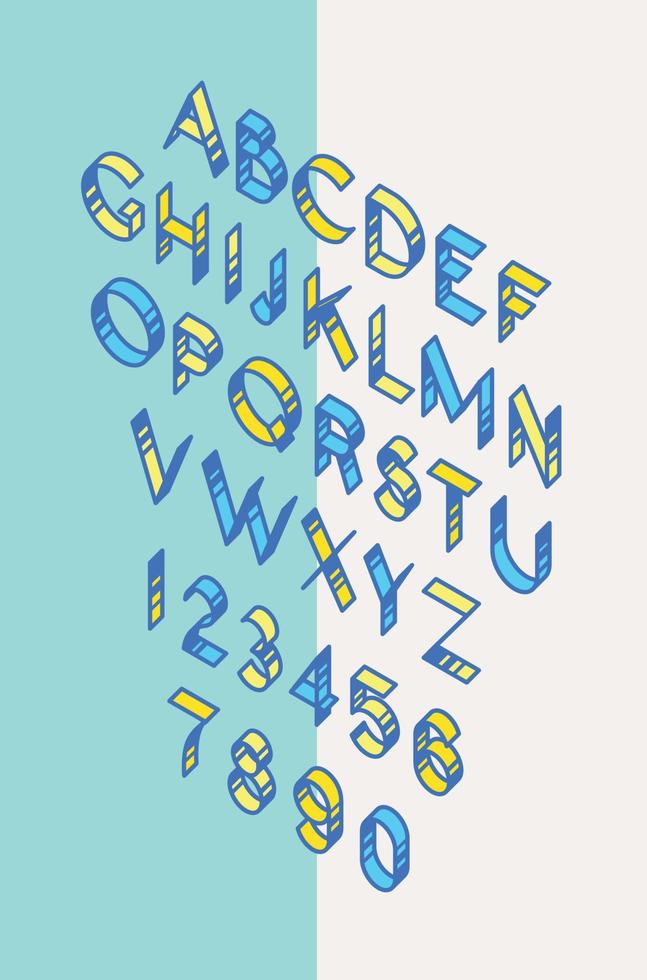 Lautstärke Schriftart, Klebeband. Vektor. lineare, dünne Konturbuchstaben. lateinische Schrift. Isometrie alle Buchstaben sind getrennt. komplettes alphabet mit zahlen. Pop-Art-Stil. Alphabet. vektor