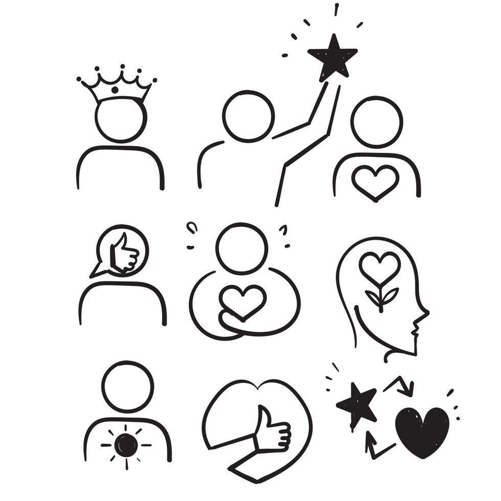 handritade doodle linje ikoner relaterade till självrespekt och kärlek illustration vektor