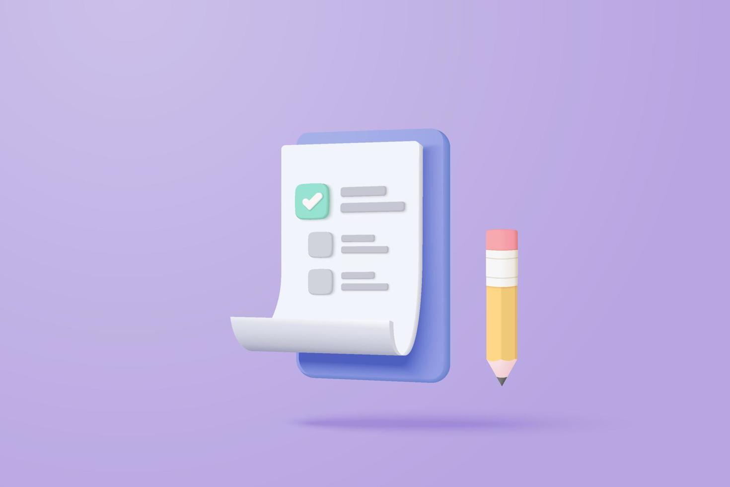 3d vit urklippsuppgiftshantering checklista med penna, effektivt arbete med projektplan, framstegsnivå upp koncept, uppgift och checklista för tentamen. 3D vektor framför på lila bakgrund