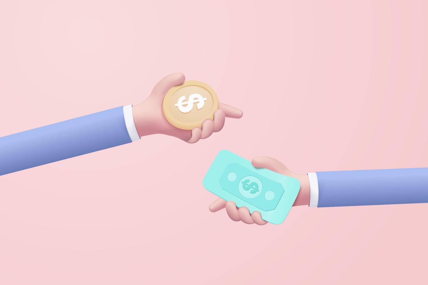 3D pengar mynt hand som håller överföring till sedel för online betalning koncept, buntar kontanter och flytande mynt utbyte på pastell rosa bakgrund. kontantlöst samhälle koncept i 3d vektor render