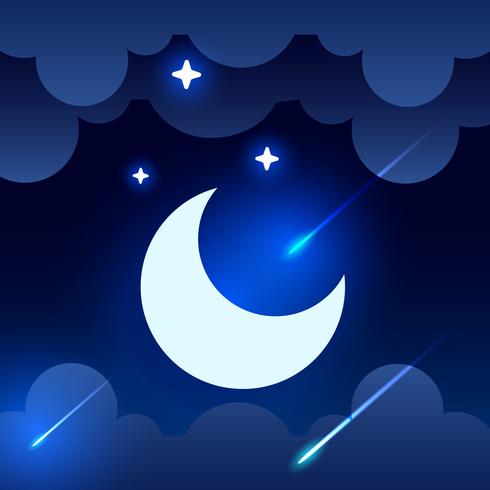 Mystisk Natthimmelbakgrund med halvmåne, moln och stjärnor. Månsken natt. Vektor