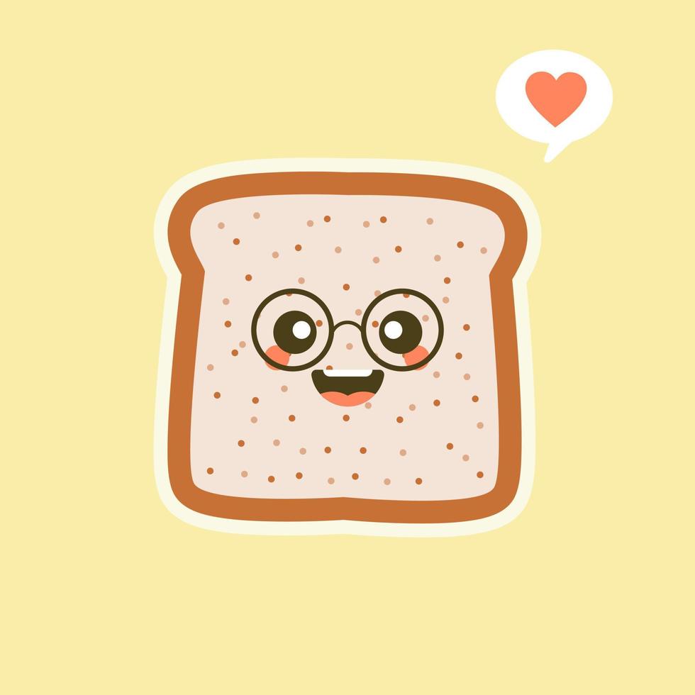 vektor, lustig, karikatur, niedlich, geschnitten, brot, charakter, freigestellt, auf, farbe, hintergrund. Bäckerei-Label-Maskottchen. vektor, flache, karikatur, zeichen, abbildung, symbol. Toast, Guten-Morgen-Karte, Frühstückskonzept vektor