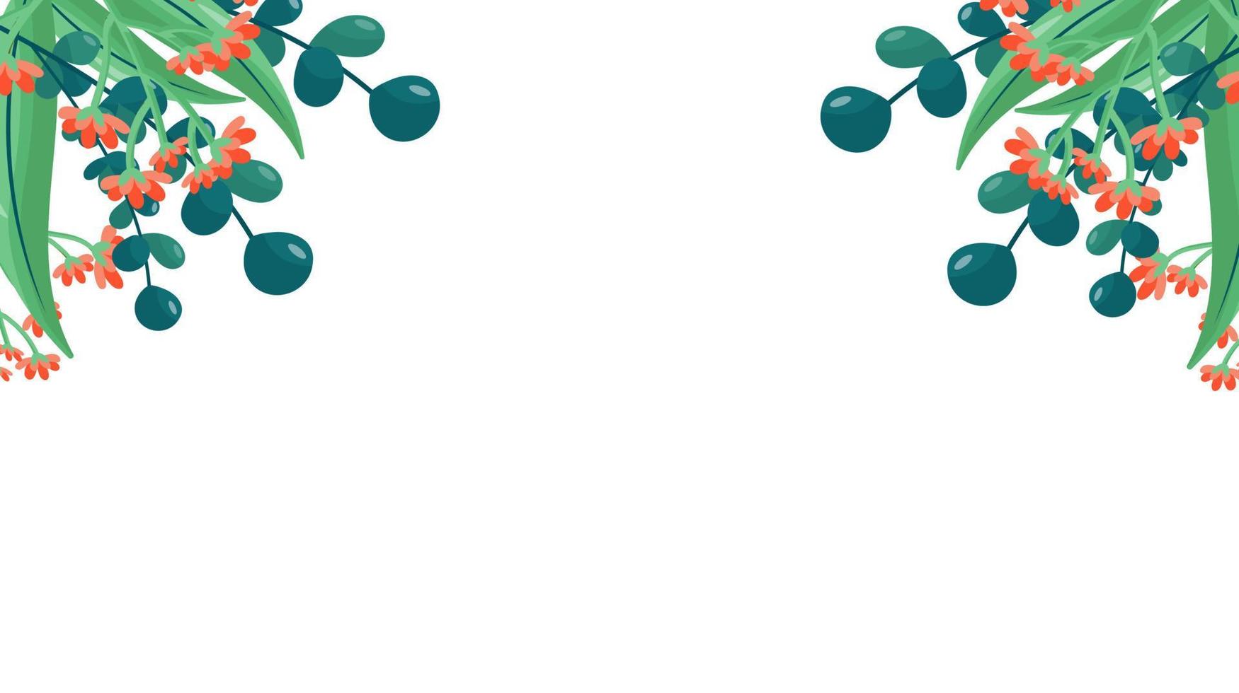 Pflanzen minimalistisches Vektorbanner. hand gezeichnete blumen, gras, zweige, blätter auf einem weißen hintergrund. grünes einfaches horizontales Muster. einfacher flacher Stil. Alle Elemente sind isoliert und editierbar vektor