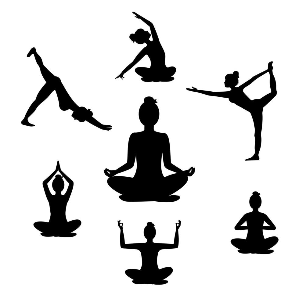 schöne Frau macht Yoga-Übungen, schwarze Silhouette auf weißem Hintergrund. Set aus sieben Yoga-Posen für einfaches Yoga zu Hause. Set für den Sport zu Hause vektor