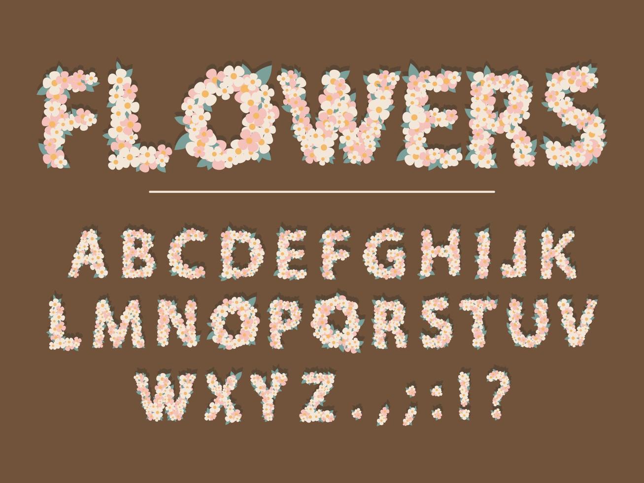 Frühlingsblumen-Cartoon-Schriftart. süße blumenbuchstaben für grußkarte, babyparty, valentinstag, blumenladen, mädchenmagazin, collagen. das Papier wird ausgeschnitten. Vektor-Illustration vektor