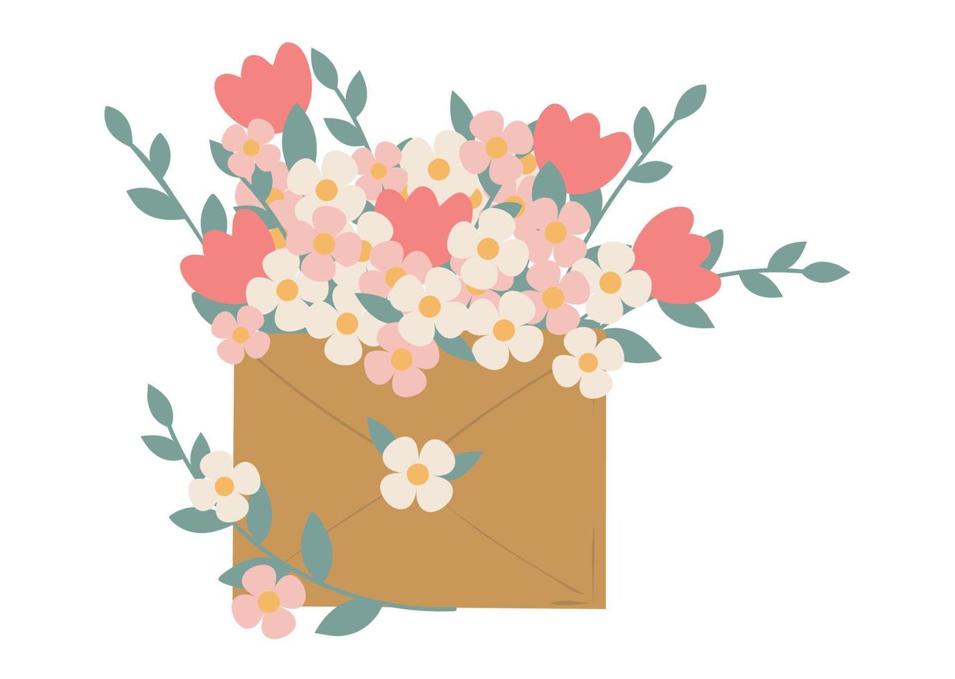 illustration av ett vackert kuvert med blommor. söt vektor doodle, gratulationskort. en gren med blommor i ett slutet kuvert. pysselpapper, hej vår.