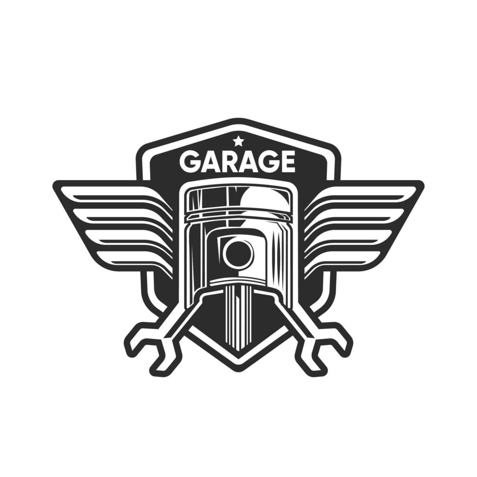 Garagenlogo mit Kolben- und Flügelvektorillustration vektor