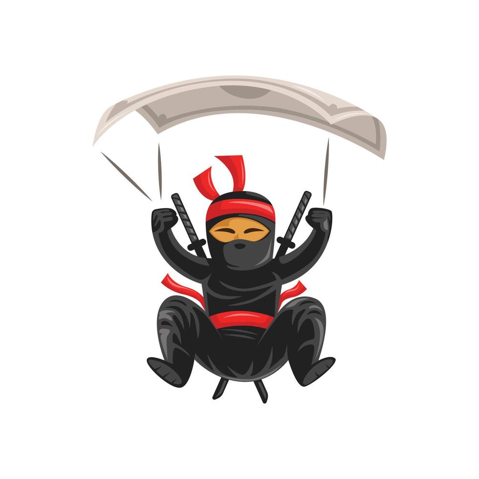 ninja, der fallschirmspringer-charakter-maskottchen-logo-vektorillustration tut vektor