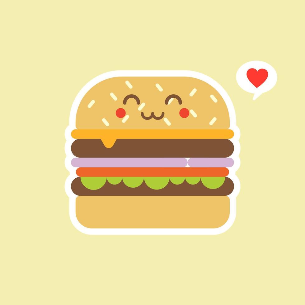 glada leende rolig söt hamburgare. vektor platt seriefigur illustration ikon design. isolerad på färgbakgrund. hamburgare, snabbmatscafé, skräpmat, restaurang, resto