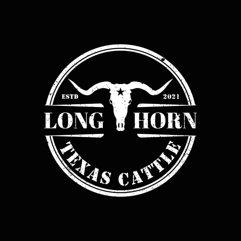 texas longhorn kuh, ländliches westliches bullenvieh vintage label logo design für familienbauernhof auf dem land vektor