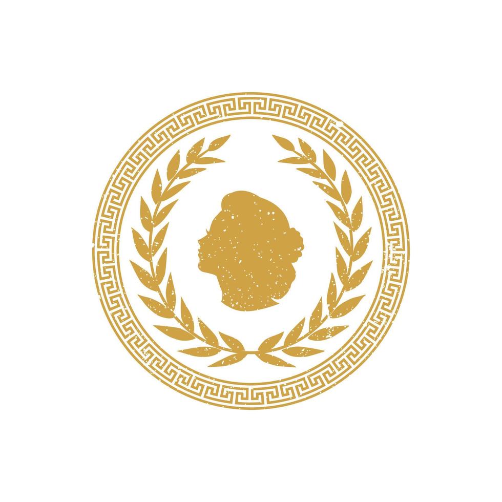 antikt guldgrekiskt mynt med siluett kvinnahuvud, lagerkrans, kantmönster vintage etikett märke emblem logo design vektor