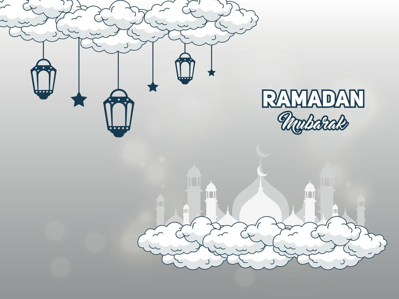 realistische ramadan mubarak-beleuchtungshintergrundillustration und grußkarte mit wolkenmoschee vektor