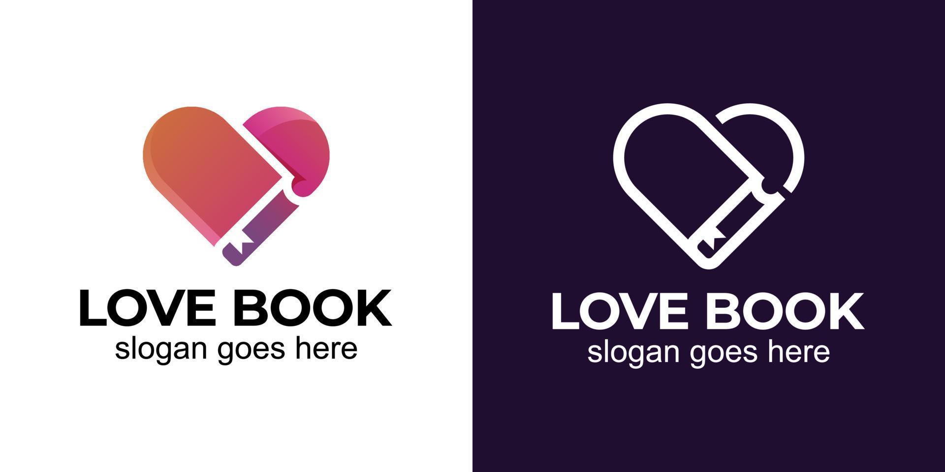 Liebesgeschichtenbuch mit Liebe zur Bibliothek, Buchhandlung, romantischem Roman und Liebeslesebuch-Logo-Design vektor
