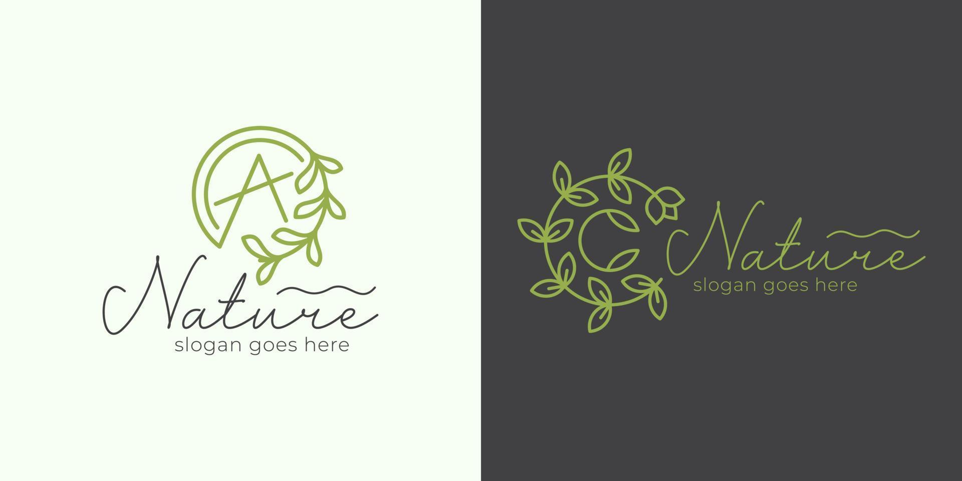 linje gröna blad eller växtblomma med initial bokstav för branding, naturproduktlogotypdesign vektor