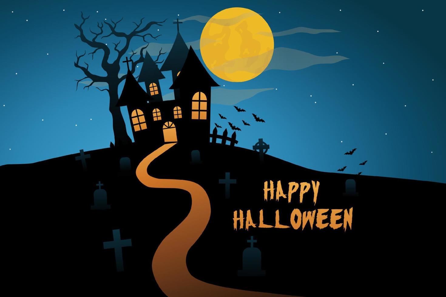 Silhouette gruseliges Halloween-Haus mit Friedhof vektor