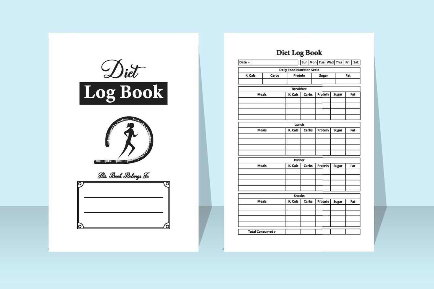 diätplaner zeitschrift vorlage interieur. täglicher lebensmittelplaner und diätkontrollnotizbuchinnenraum. Innenraum eines Logbuchs. täglicher ernährungstracker und vorlage für einen gesunden essensmenüplaner. vektor