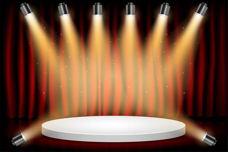 White Round Vinnare Podium på Red Curtain Theatre Scen Stage Background. Stage med Studio Lights för prisutdelning. Spotlights lyser. Vektor illustration. Bakgrund.