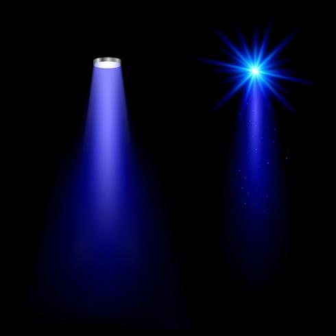 Blå ljuseffekter på svart bakgrund Ljusa strålar av ljus blinkar. vektor illustration.