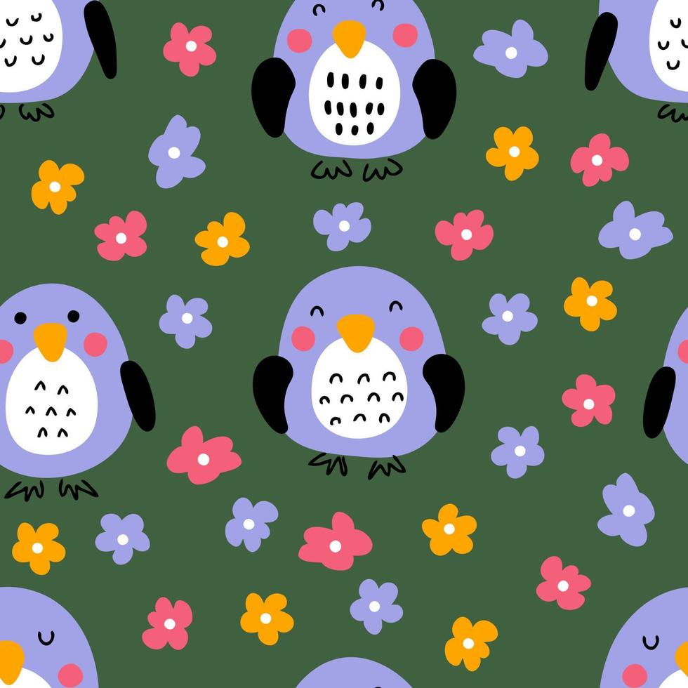 handritade sommarpingviner med blommor sömlösa mönster. vektor