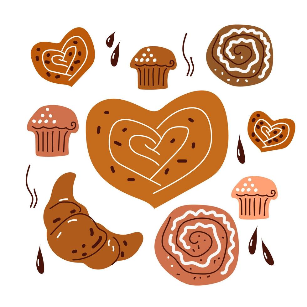 meny bageri dessertprodukter doodle skiss handritad stil, cupcake, croissant, bulle, vektorelement för menyn, banner. vektor