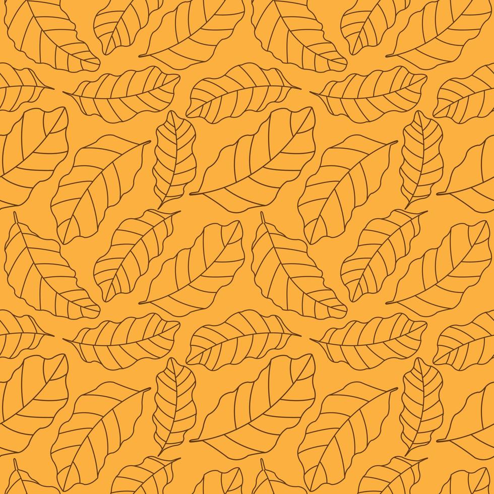 tropische Blätter nahtlose Textur Umriss Vektormuster isoliert auf goldgelbem Hintergrund. Handzeichnung exotischer Bananenblatt-Umrissvektor. vektor