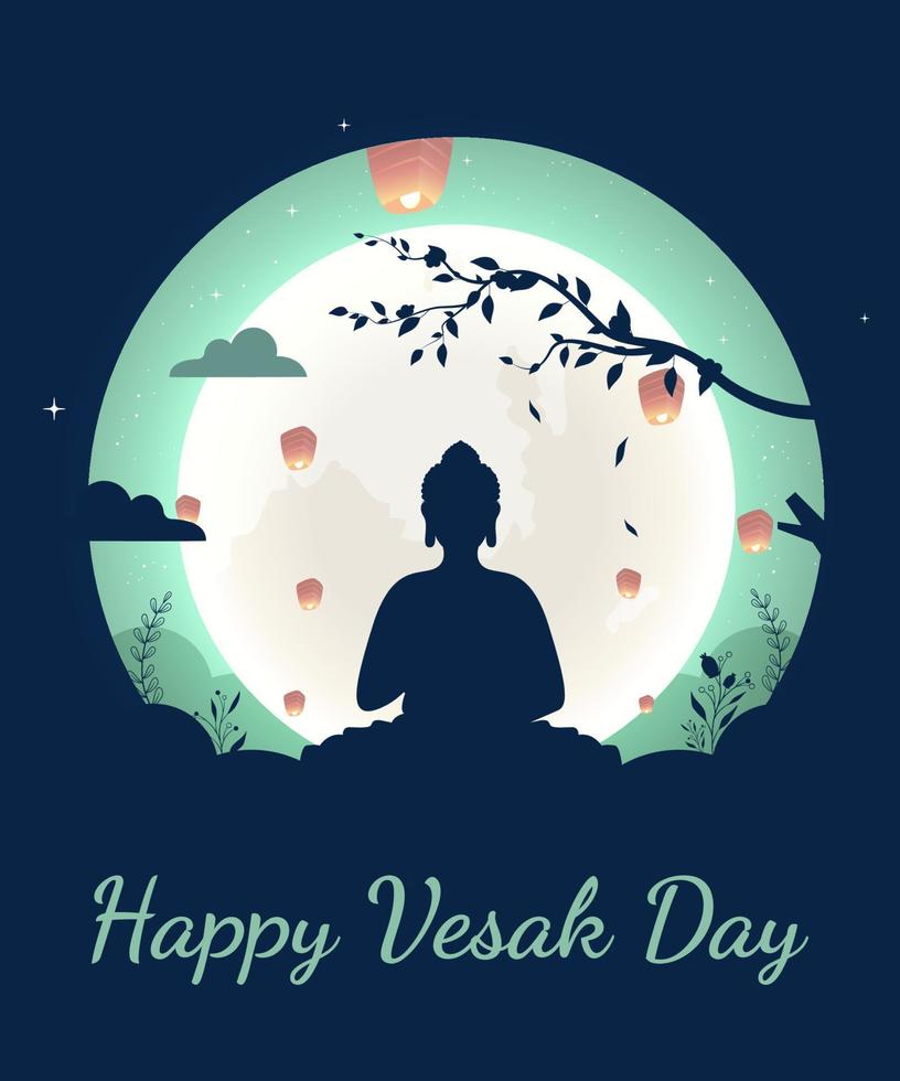 vesak day kreatives konzept für karte oder banner. glücklicher buddhatag mit siddhartha gautama statue vektor