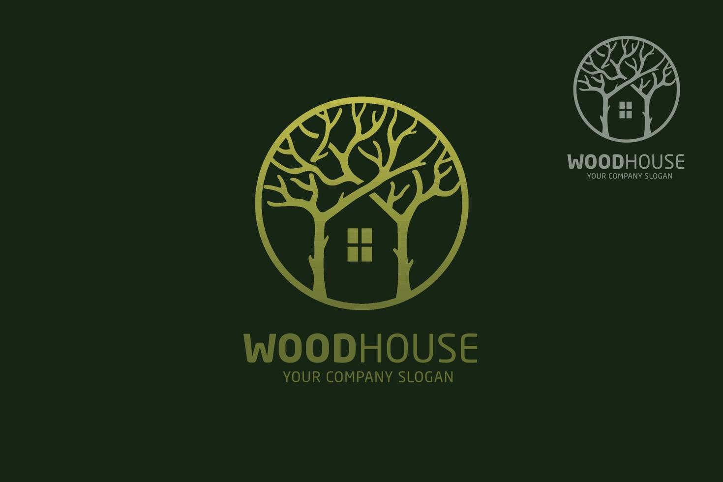 trä hus vektor logotyp mall. designmall av två träd integreras med ett hus som gjorts från en enkel repa. det är bra för att symbolisera en fastighets- eller trähusverksamhet.