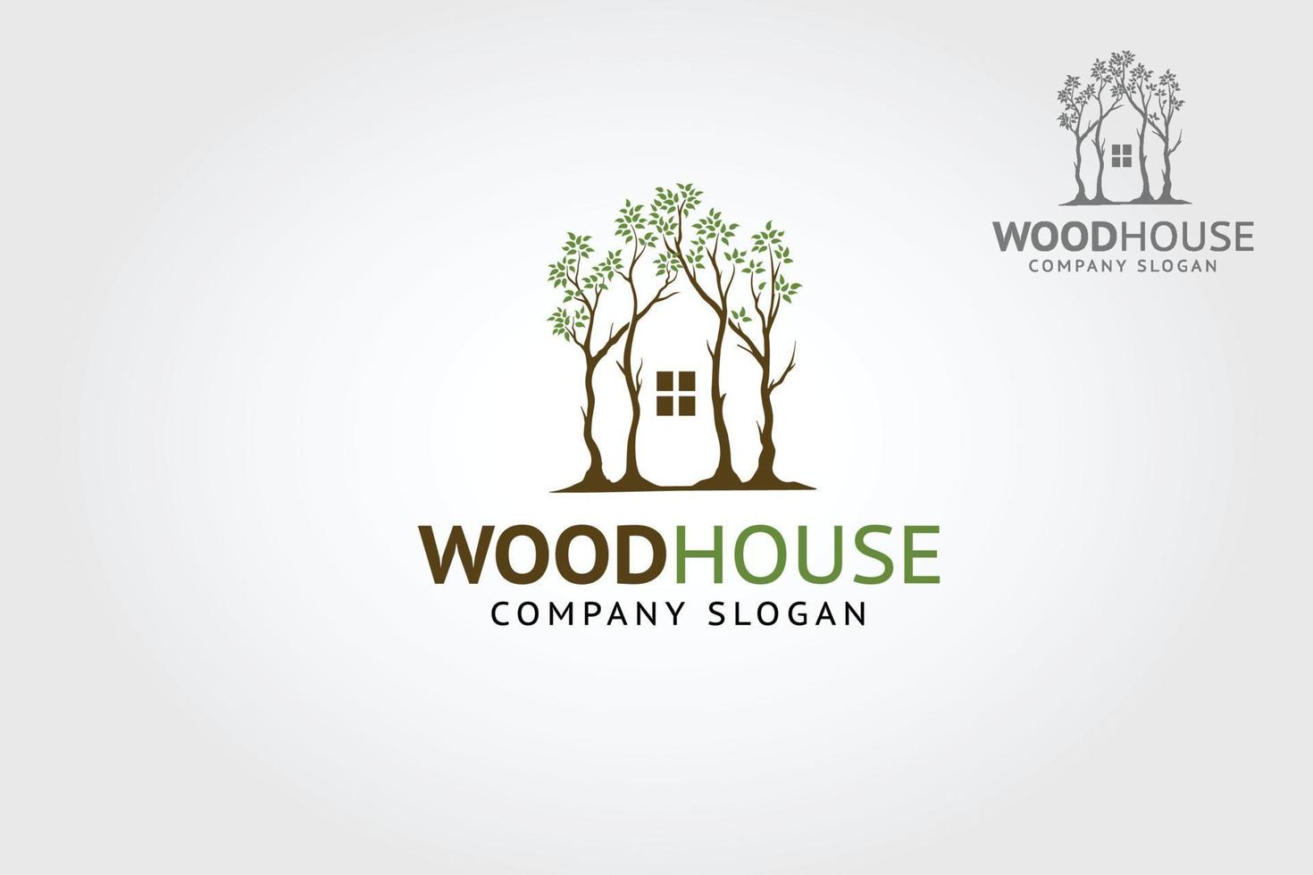 Holzhaus-Vektor-Logo-Vorlage. Das Hauptsymbol des Logos ist ein Baum, aber hier mit dem Haus symbolisiert dieses Logo Schutz, Frieden, Wachstum und Fürsorge oder Sorge um Entwicklung. vektor