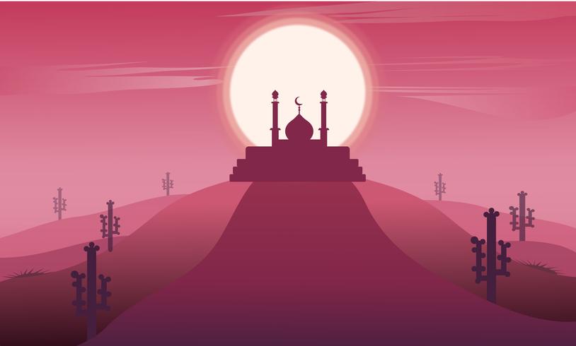 Ramadan-kareem Landschaft mit dem Moscheeschattenbild islamisch. Vektor-Design-Illustration auf dunklem rosa Hintergrund vektor