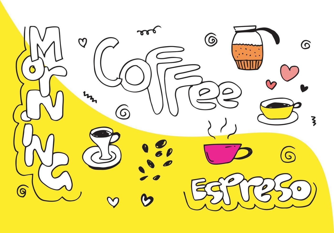 uppsättning av kaffe tid element med mat, kaffebönor, glas, mjölk och bokstäver text.vector illustration. vektor