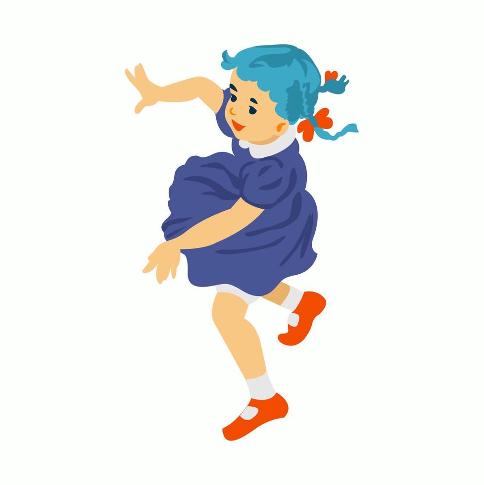 platt vektorillustration av liten flicka i mörkblå klänning, blått hår. barnaktivitet. blont hår. hoppa, dansa, ha kul. handritad illustration. isolerad på vit bakgrund. lyckligt barn vektor